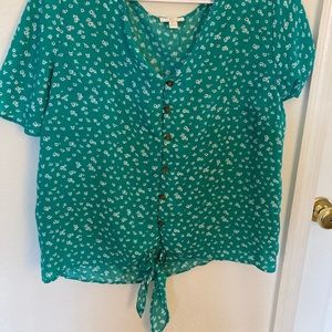 Teal Floral Tie Blouse